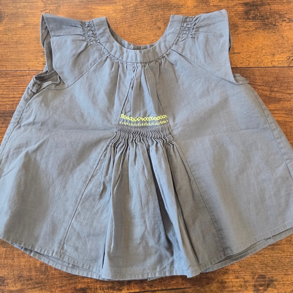 Bonpoint Girls Gray Cotton Smocked Blouse‎ Neon Embroidery Size 18M
